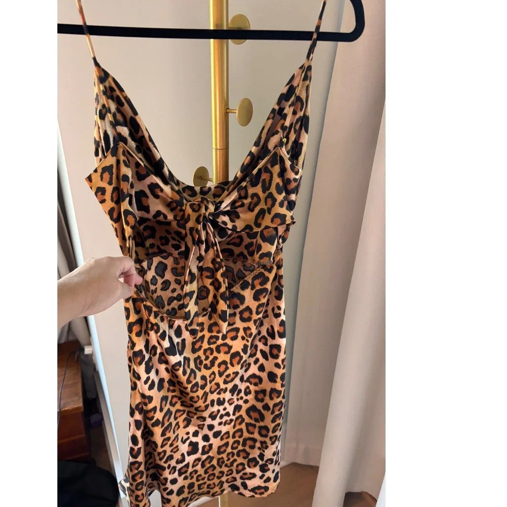 Windsor Leopard Print Cowl Neck Mini Dress Tie Back Cutout Satin Slip Dress- M - Picture 2 of 5